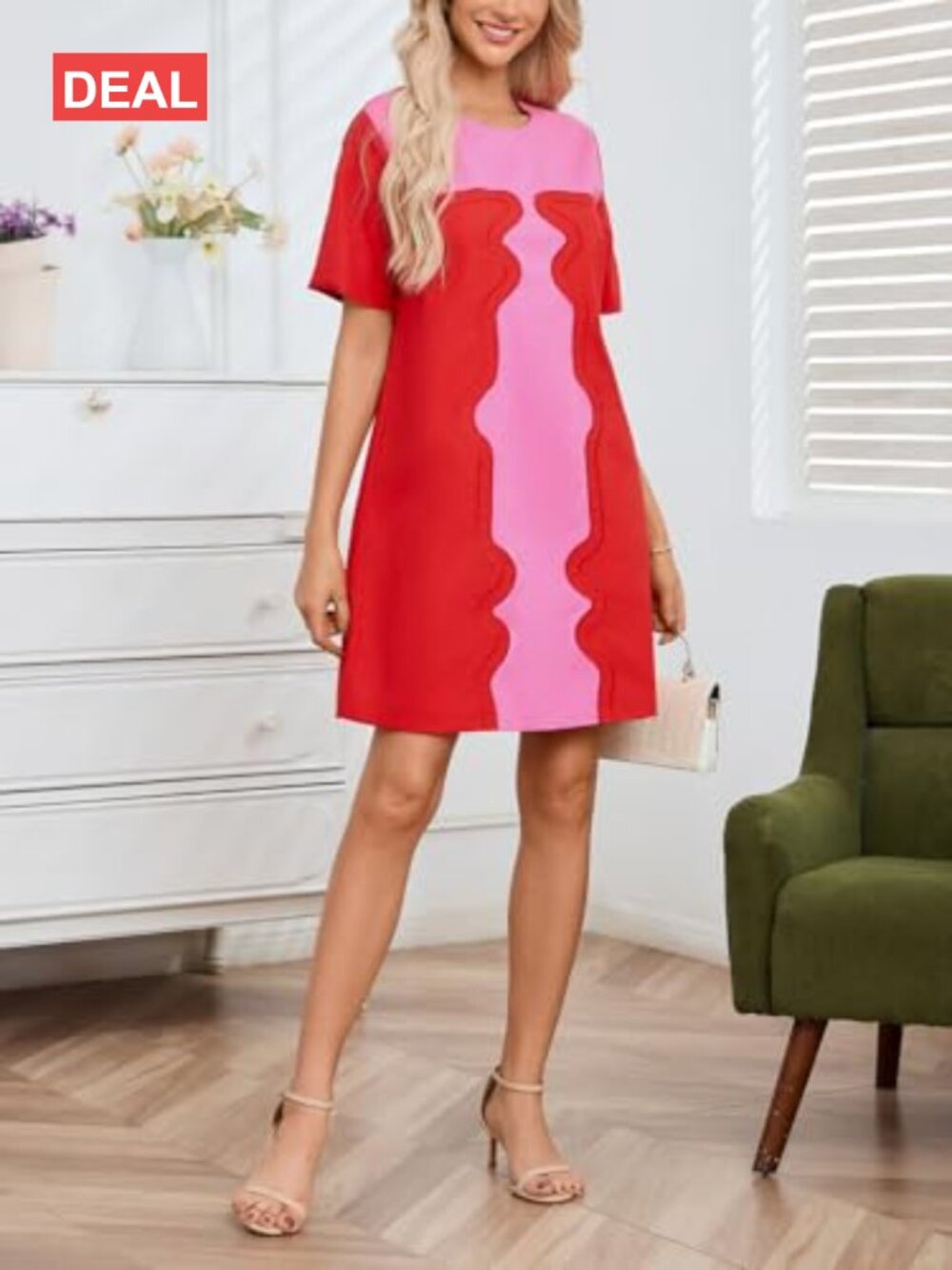 Color Block Shift Dress Cotton Linen Short Sleeve Embroidered Mini Dress with - Picture 4 of 6